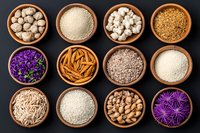 Assorted organic ingredients in wooden bowls on black background including grains, mushrooms, flowers, and spices arranged in grid pattern for food styling.
