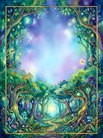 Enchanted forest pathway with glowing lights and magical atmosphere, featuring twisted trees, lush foliage, and luminous sky in purple and blue tones. Isolated on white background, ready for design projects.