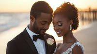 Young African American couple in wedding attire share intimate moment at sunset beach, bride in lace dress and groom in tuxedo with boutonniere, golden hour lighting creates romantic mood.