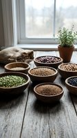 Assorted legumes and grains in wooden bowls on rustic table by window with potted herb plant and burlap sack, suitable for food, nutrition, cooking, and healthy eating content.
