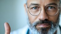 Close up portrait of mature man with gray beard and round glasses showing thumbs up gesture against light background, expressing positivity and approval.