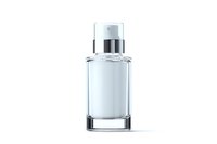 Clear glass bottle with silver pump dispenser on white background, minimalist luxury cosmetic packaging for skincare or fragrance products.