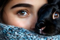 Close-up portrait showing brown eye of young woman with dark eyebrows next to black rabbit nose and eye, both partially hidden behind blue knitted scarf.