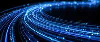 Glowing blue fiber optic cables with flowing light particles create a dynamic digital network visualization for technology and connectivity concepts.