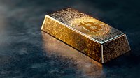 Gold bullion bar with cryptocurrency symbol on dark reflective surface, dramatic lighting creates luxurious atmosphere for financial and investment concepts.