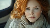 Young woman with natural red curly hair and green eyes wearing warm gray scarf looking thoughtfully through car window on cloudy winter day.