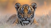 Young tiger cub with striking blue eyes resting in golden grassland during warm sunset light, wildlife photography showcasing natural habitat and behavior.