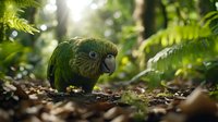 Green parrot foraging on forest floor among fallen leaves and ferns, with soft bokeh sunlight filtering through tropical foliage in natural habitat.