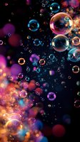 Colorful soap bubbles floating in dark space with vibrant bokeh lights creating magical atmosphere against black background. Macro photography with selective focus.