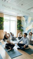Diverse group practicing yoga and stretching exercises in modern wellness studio with motivational wall text and living green walls for workplace wellbeing.