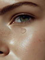 Close-up of green eye with natural freckles and single teardrop on glowing skin, showcasing raw emotion and natural beauty in beauty and wellness advertising.