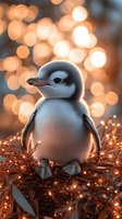 Baby penguin chick against warm bokeh lights background, sitting on decorative nest with glowing copper fairy lights creating magical winter atmosphere.