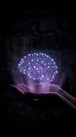 Hand holding glowing neon brain with circuit board pattern against dark stone wall. Represents artificial intelligence, technology innovation, digital transformation, and futuristic computing concepts.