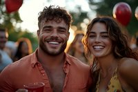 Young diverse couple enjoying outdoor summer party with red balloons and drinks, sharing genuine laughter at sunset celebration gathering.