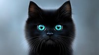 Adorable black kitten with striking turquoise eyes and fluffy fur against soft gray background for pet care, animal lover designs and feline artwork.