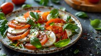 Fresh caprese salad with sliced tomatoes, mozzarella, basil leaves, and balsamic glaze arranged on rustic ceramic plate against dark background. Mediterranean appetizer.