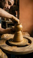 Skilled male potter shaping clay vessel on spinning wheel in traditional ceramic workshop. Artisan craftsman creating handmade pottery with focused concentration.