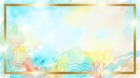 Watercolor landscape with golden frame border, tropical foliage, and soft pastel colors. Suitable for backgrounds, invitations, and design projects.