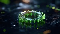 Glowing green gear mechanism on dark circuit board background with light effects and digital elements creates futuristic technological concept.
