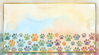 Colorful paw prints in watercolor style arranged in a border pattern on cream background, suitable for pet-related designs, greeting cards, and animal-themed projects.