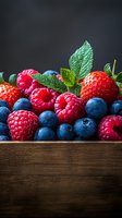Fresh mixed berries with mint leaves in wooden box on dark background for healthy eating and organic food concepts.
