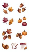 Autumn fall elements set with maple oak leaves acorns pumpkins cornucopia notebook calendar isolated on white background for seasonal design projects.
