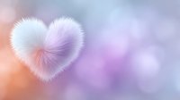 Fluffy white heart with soft fur texture floating on dreamy purple and orange gradient background with bokeh lights for romantic designs.