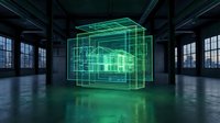 Green holographic house blueprint projection floating in modern industrial loft space with concrete floors and large windows for architectural visualization.