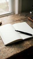 Open blank notebook with black pen on rustic wooden desk near window with natural light for writing, journaling, planning and creative work.