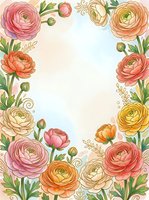 Watercolor ranunculus flowers frame with empty center space for text, coral pink orange blooms and green leaves border design for wedding invitations.