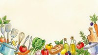 Watercolor kitchen border with vegetables, cooking utensils, olive oil, bread and fresh herbs on light background with copy space.