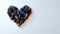 Geometric black heart shape with glowing golden lights on white background, modern polygonal design for valentines and romantic concepts. Isolated decorative element.