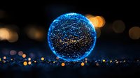 Glowing blue sphere with network connections floating over dark surface with golden bokeh lights creates magical atmosphere. Suitable for technology concepts.