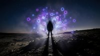 Person standing on rocky terrain under starry night sky with glowing purple molecular structures floating above, representing scientific discovery and innovation.