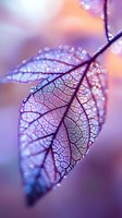 Delicate leaf skeleton with morning dew drops in purple and pink tones. Macro photography reveals intricate vein patterns and crystalline water droplets on natural foliage.