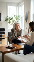Mature woman with gray hair and Caucasian ethnicity in business casual attire conducting a professional meeting with a younger woman at a wooden desk in a bright, modern office with plants and natural light.