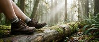 Hiker legs in brown leather boots standing on moss-covered fallen log in sunlit forest. Adventure trekking concept for outdoor recreation and nature exploration.