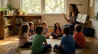 Female teacher, Caucasian ethnicity, middle-aged, reading aloud to diverse group of elementary school children sitting in circle on classroom floor with bookshelves and natural light from windows, educational setting for literacy instruction.