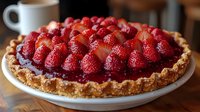 Fresh strawberry tart with chocolate ganache filling on crispy golden crust, served on white plate against rustic wooden background. Perfect for food blogs.