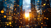 Glowing bokeh lights against modern glass buildings at sunset create atmospheric urban scene with warm golden orbs and sunburst through skyscrapers.