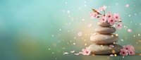 Zen spa stones with pink cherry blossoms and floating petals on turquoise background for wellness meditation and relaxation therapy treatments.
