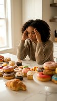 Stressed African American woman with curly hair holding head in hands surrounded by colorful donuts and cupcakes on kitchen counter expressing diet temptation struggle.