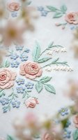 Delicate embroidered roses and forget-me-nots on soft fabric create romantic floral pattern for wedding decor, vintage fashion design and feminine textile projects.