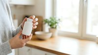 Cropped view of woman holding blank white cosmetic bottle in modern kitchen with natural light, suitable for beauty product packaging mockups and skincare branding.