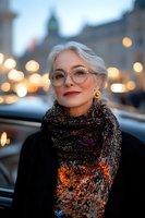 Elegant mature woman with silver hair wearing designer glasses and sparkly scarf against evening city bokeh background, expressing confidence and sophistication.