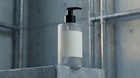 White pump bottle with blank label on concrete surface in modern industrial bathroom setting for skincare product mockup.
