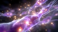 Glowing purple and orange energy waves with light particles flowing through dark space, creating magical cosmic atmosphere. Abstract background for creative projects.