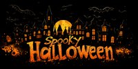Dark silhouettes of haunted houses against bright orange full moon with flying bats and spooky Halloween text, creating atmospheric holiday scene for seasonal designs.