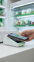 Person with medium skin tone holding smartphone above white and green contactless payment terminal at retail checkout counter with blurred store shelves background.
