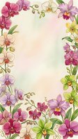 Watercolor orchid floral border frame with colorful blooms on soft pastel background, copy space for text, greeting card or invitation design.